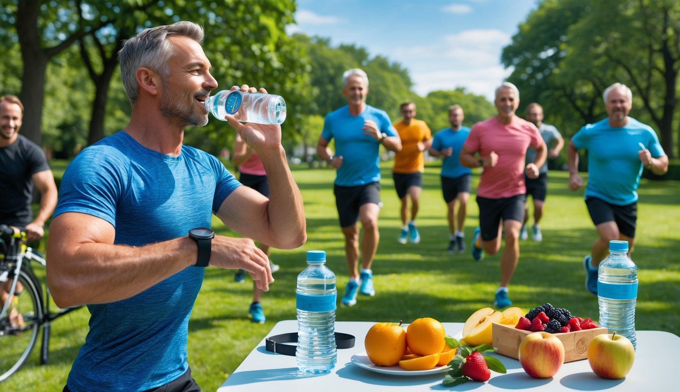 Sekelompok pria berolahraga dan menikmati buah-buahan segar di taman hijau yang cerah.