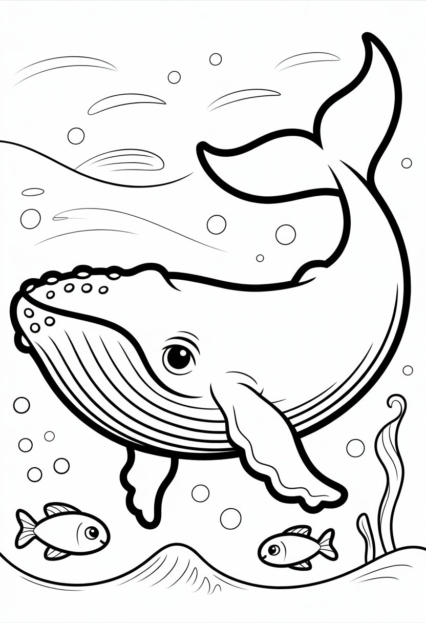 Cute Whale Coloring Pages: Top 11 Designs for All Ages 4 A smiling humpback whale swimming in the ocean with bubbles and small fish around it.