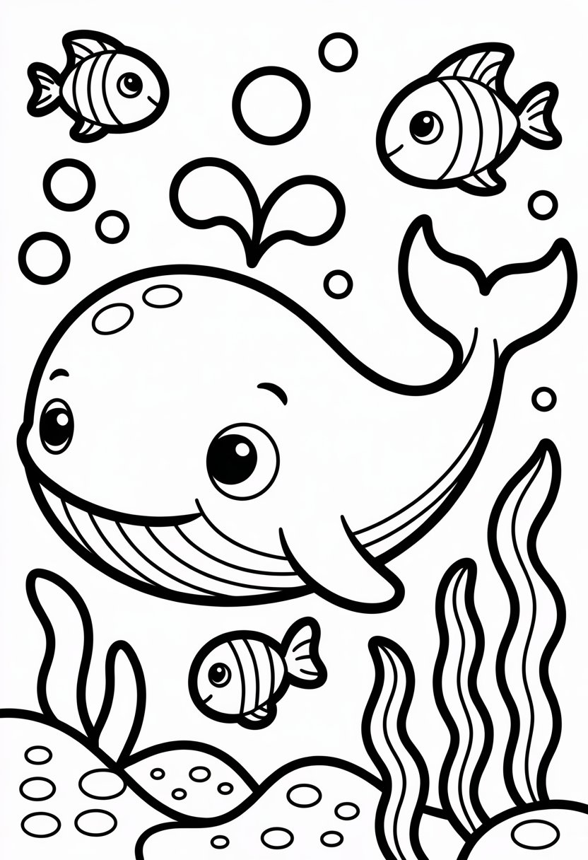 Cute Whale Coloring Pages: Top 11 Designs for All Ages 5 A baby whale swimming underwater surrounded by bubbles, seaweed, and small fish.