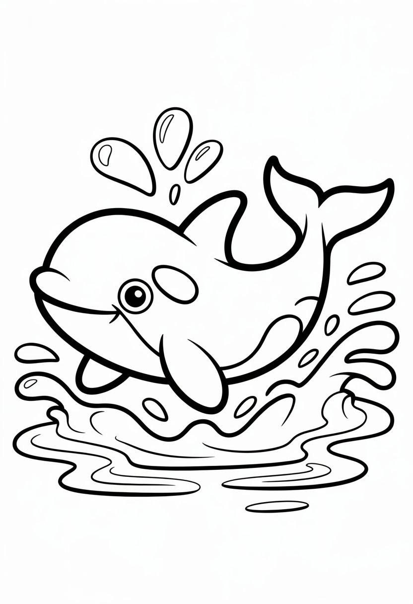 Cute Whale Coloring Pages: Top 11 Designs for All Ages 6 A cute orca whale splashing playfully in the water with water droplets and bubbles around it.