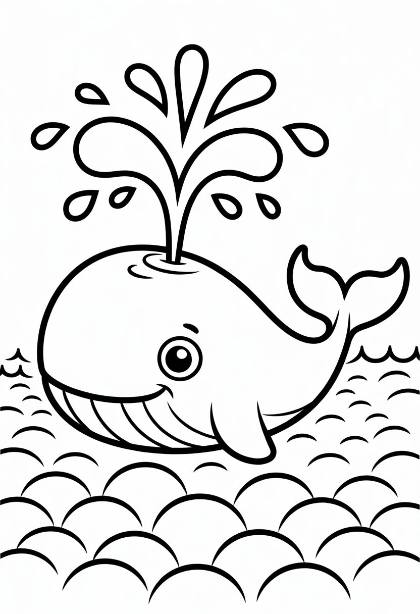 Cute Whale Coloring Pages: Top 11 Designs for All Ages 7 A cartoon whale swimming in the ocean with a water spout spraying upward.