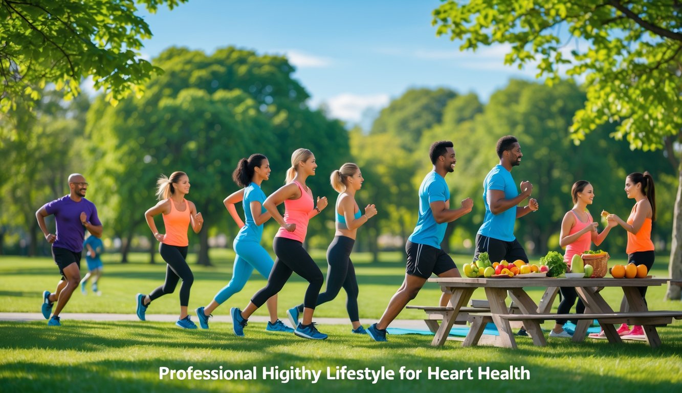 Orang-orang beraktivitas di taman dengan berolahraga dan menyiapkan makanan sehat untuk menjaga kesehatan jantung.
