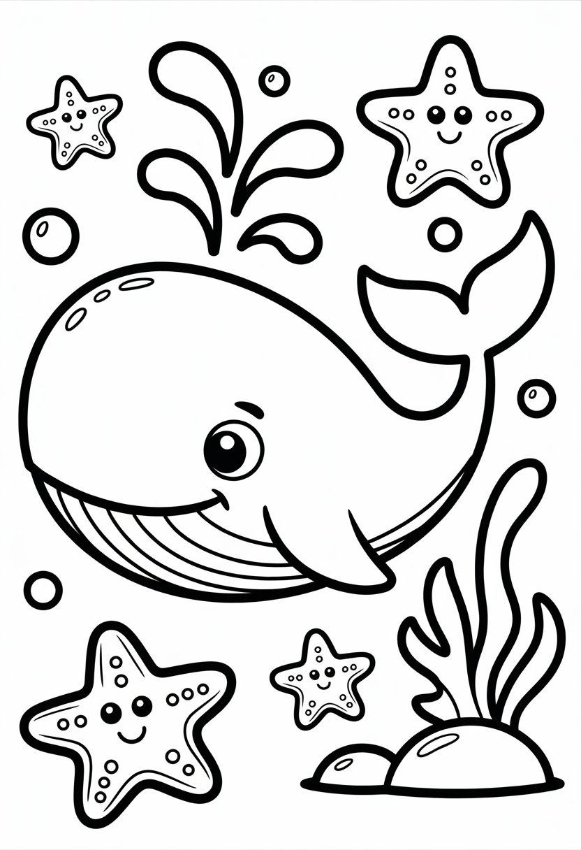 Cute Whale Coloring Pages: Top 11 Designs for All Ages 8 A friendly whale swimming underwater with several starfish around it, along with bubbles, seaweed, and rocks.