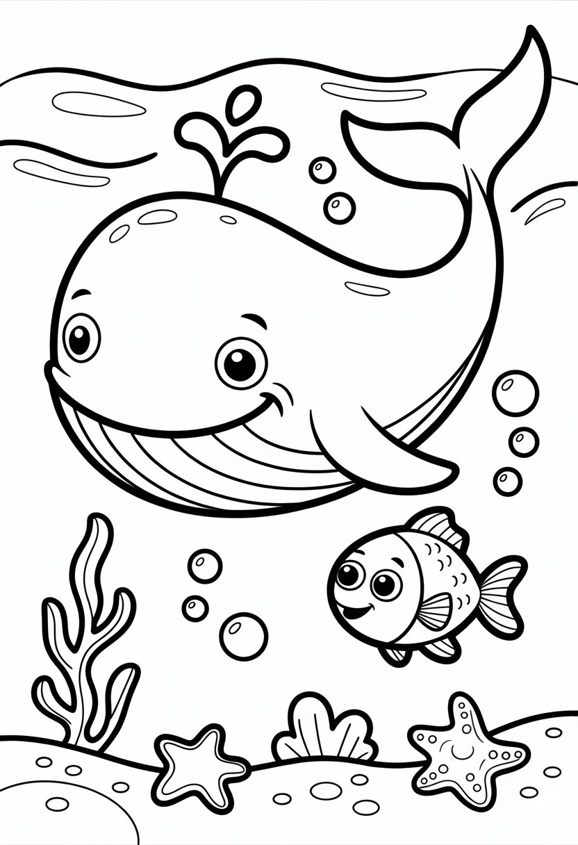 Cute Whale Coloring Pages: Top 11 Designs for All Ages 9 A friendly whale smiling with a small fish swimming nearby, surrounded by bubbles and simple underwater plants.