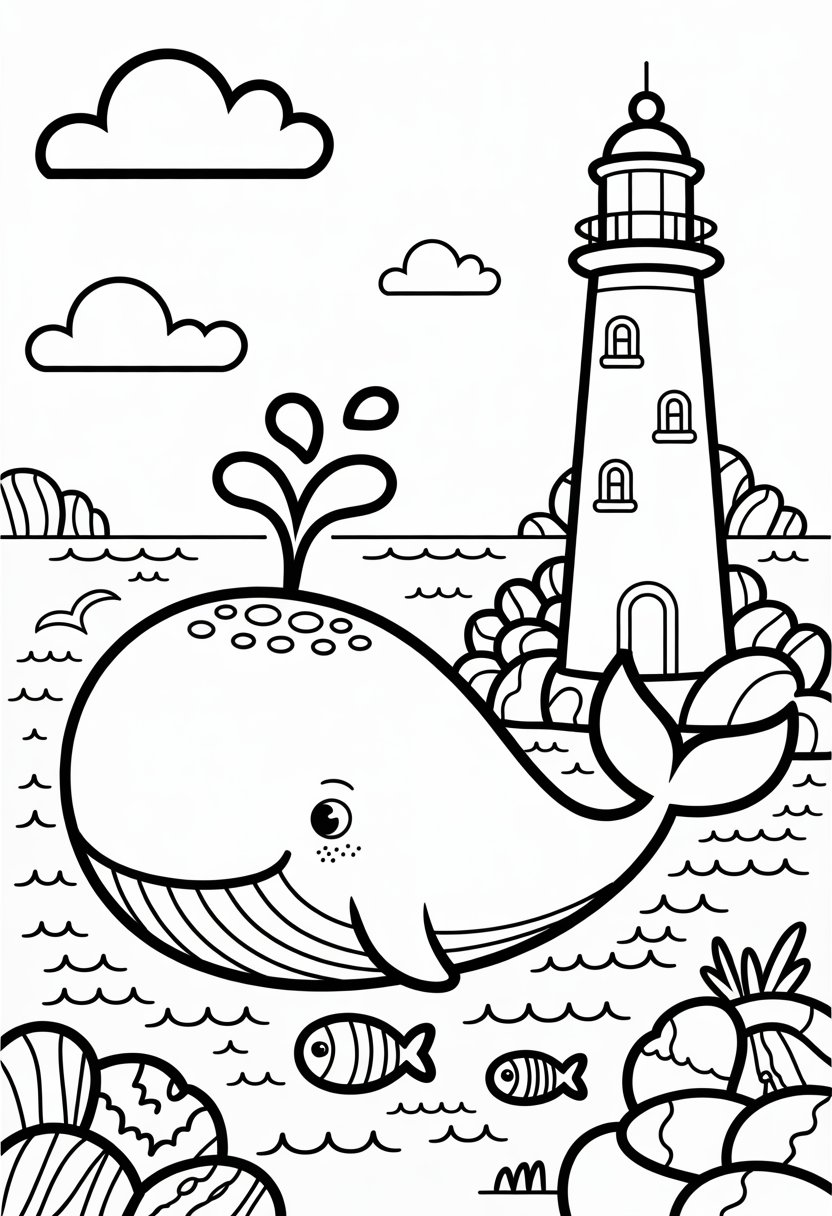 Cute Whale Coloring Pages: Top 11 Designs for All Ages 10 A cute whale swimming near a lighthouse with waves, clouds, seagulls, fish, and rocks around them.