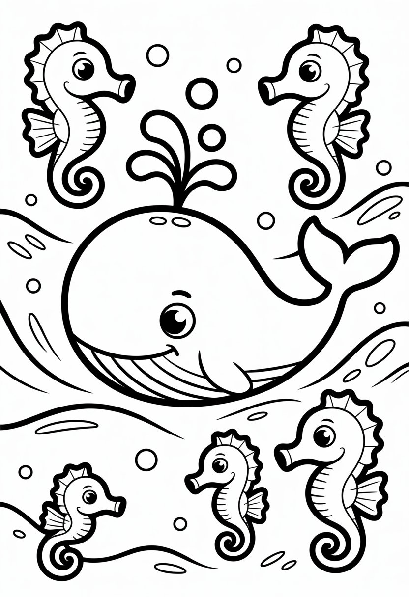 Cute Whale Coloring Pages: Top 11 Designs for All Ages 11 A smiling whale surrounded by several seahorses swimming among bubbles and gentle waves.