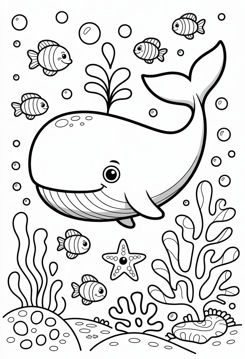 Cute Whale Coloring Pages: Top 11 Designs for All Ages 12 A friendly whale swimming underwater surrounded by bubbles, seaweed, starfish, small fish, and coral reef.