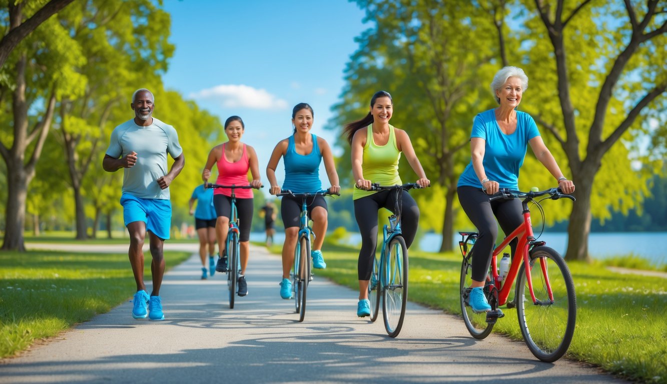 Beberapa orang melakukan olahraga seperti jogging, bersepeda, dan senam di taman yang hijau dan cerah.