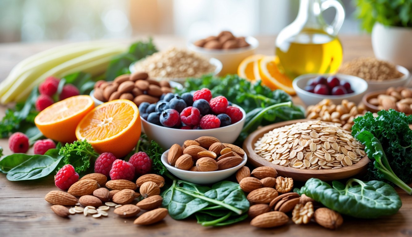 Berbagai makanan sehat untuk jantung seperti buah-buahan, sayuran hijau, kacang-kacangan, biji-bijian, dan minyak zaitun yang tersusun rapi di atas meja kayu.