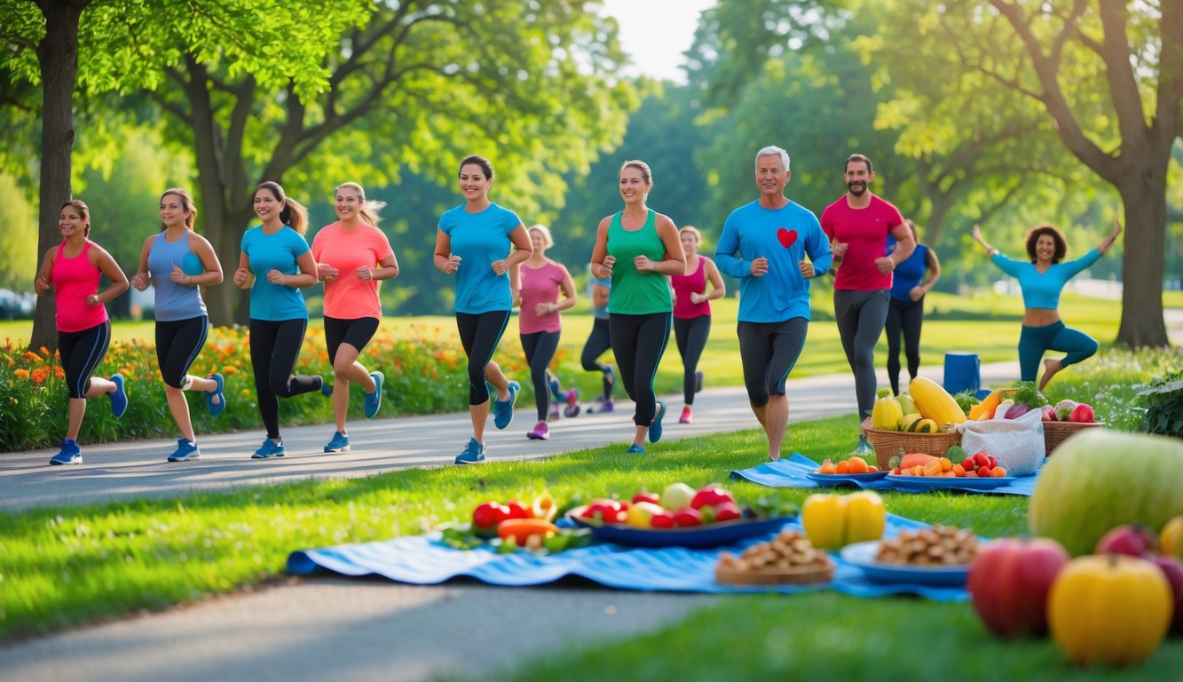 Sekelompok orang beraktivitas di taman, berolahraga dan makan makanan sehat untuk menjaga kesehatan jantung.