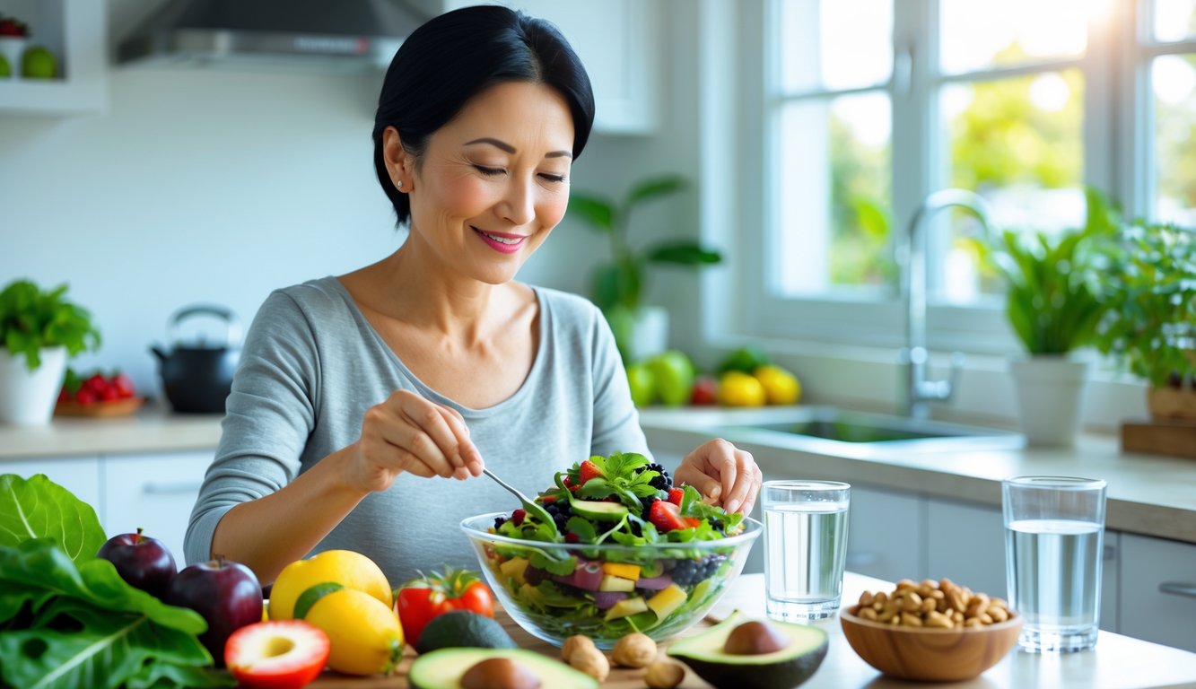 Seorang wanita Asia sedang menyiapkan salad segar di dapur yang terang dengan buah dan sayuran sehat di sekitarnya.