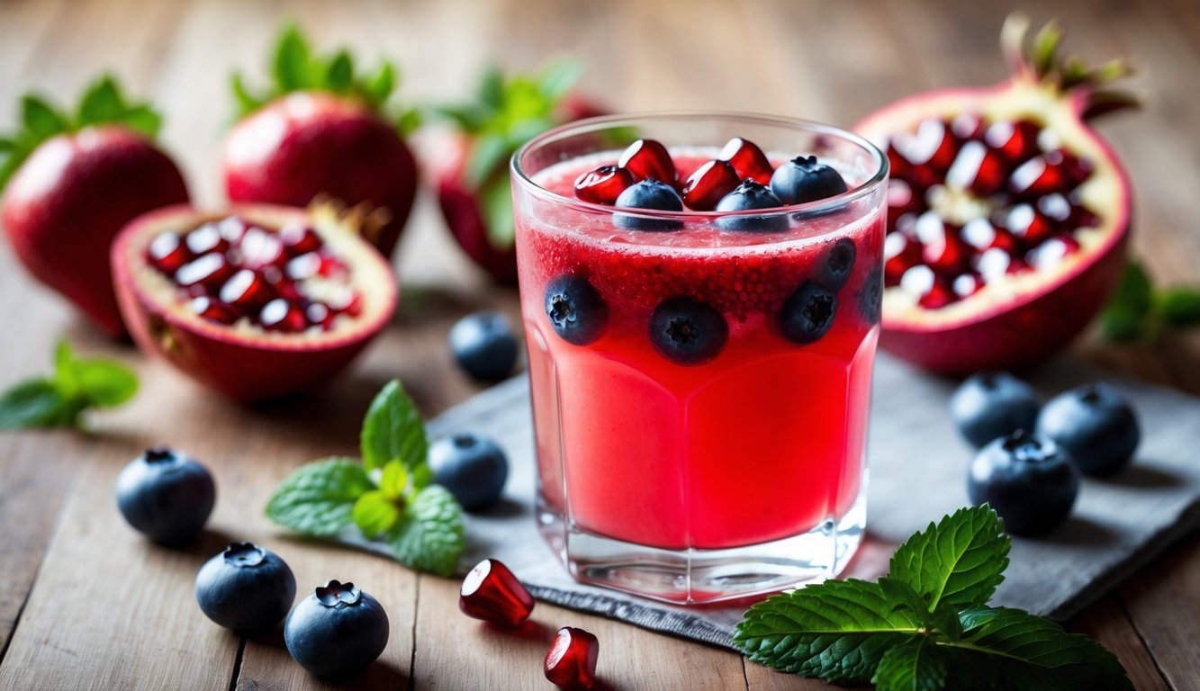 Segelas jus merah segar dengan buah stroberi, blueberry, dan delima di atas meja kayu.