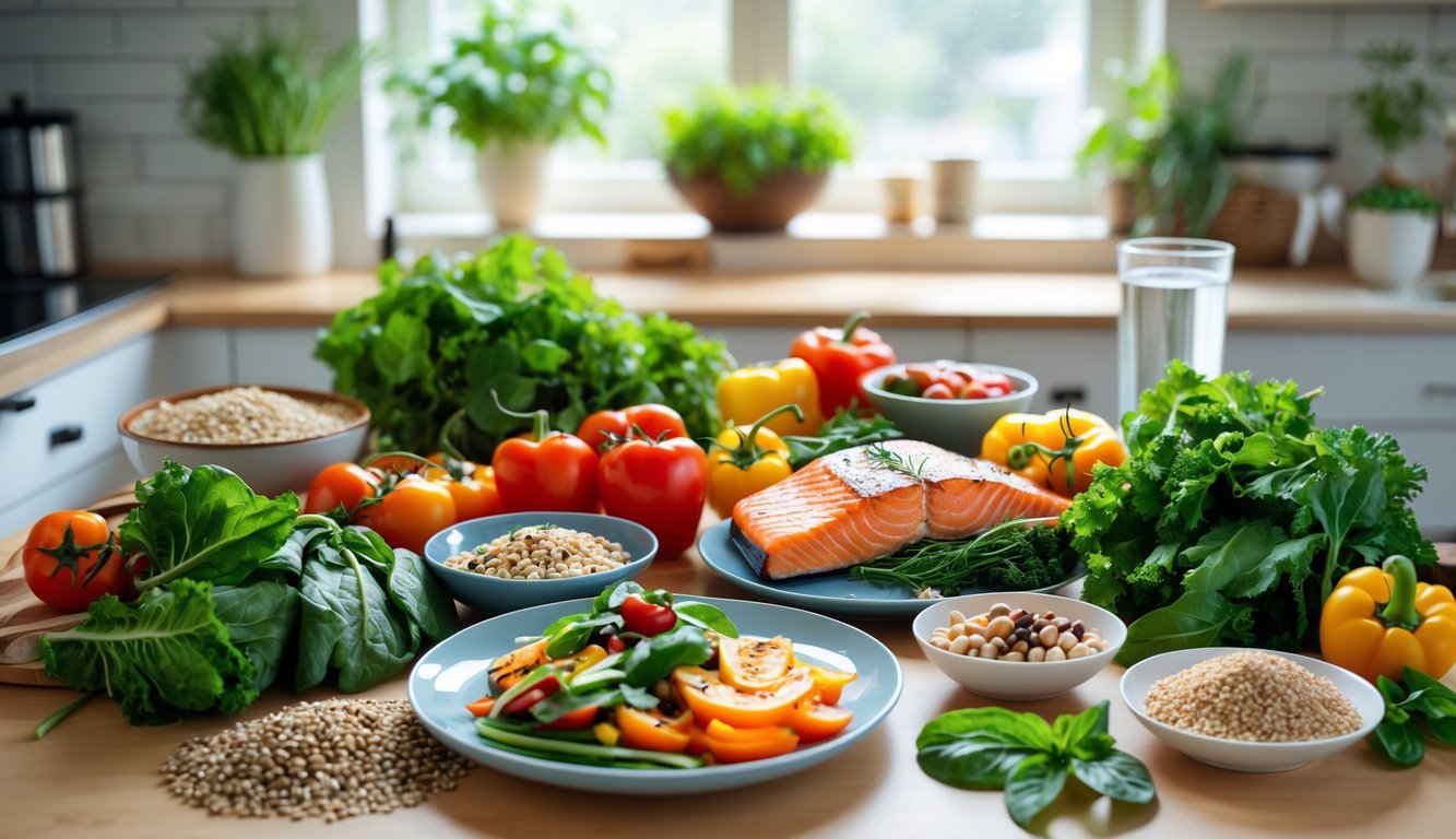 Meja dapur dengan berbagai makanan sehat seperti sayuran segar, ikan panggang, kacang-kacangan, dan minuman air putih yang menunjukkan pola makan ramah jantung.