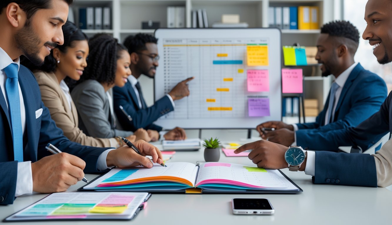 Beberapa profesional di kantor yang sedang mengatur jadwal dan menggunakan alat seperti kalender, papan tulis, dan catatan untuk manajemen waktu.
