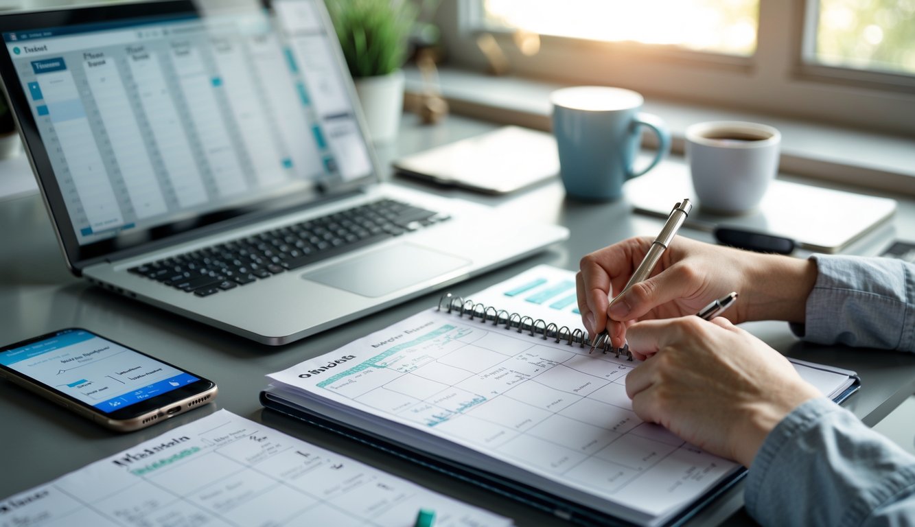 Meja kerja teratur dengan laptop, buku catatan terbuka, ponsel menampilkan jadwal, dan secangkir kopi di dekat jendela dengan cahaya alami.