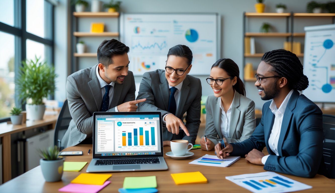 Tiga profesional sedang berdiskusi di meja kantor dengan catatan dan laptop, fokus pada perencanaan tugas harian.