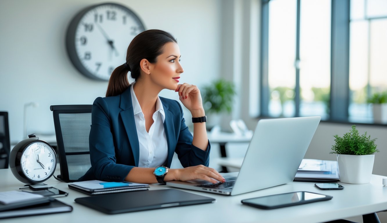 Seorang wanita profesional duduk di meja kantor dengan alat kerja teratur, melihat jam dinding besar yang menunjukkan waktu.