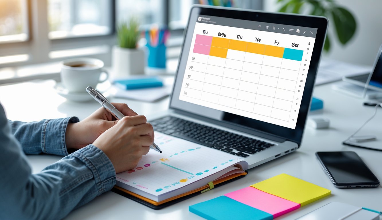 Meja kerja modern dengan laptop yang menampilkan kalender digital, tangan seseorang menulis di buku catatan, dan suasana kantor yang terang dan rapi.