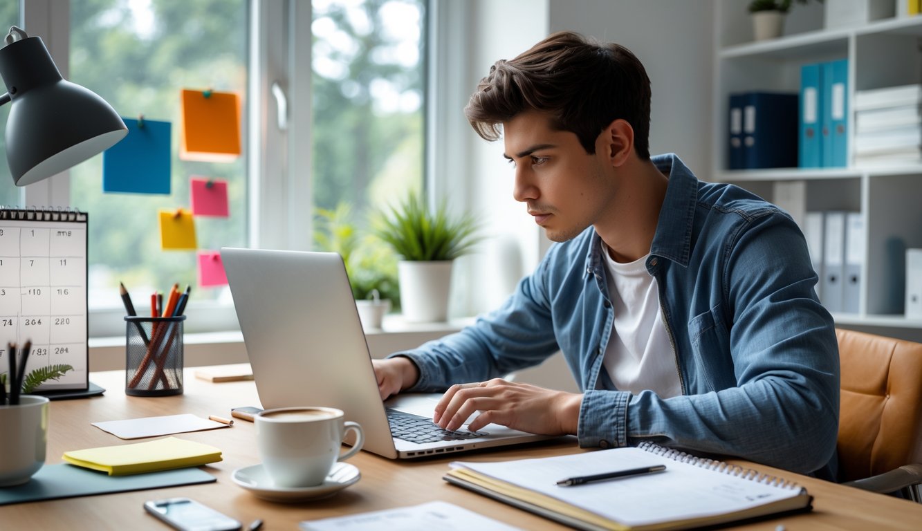 Seorang dewasa muda fokus bekerja di meja kantor rumah yang rapi dengan laptop dan alat tulis.