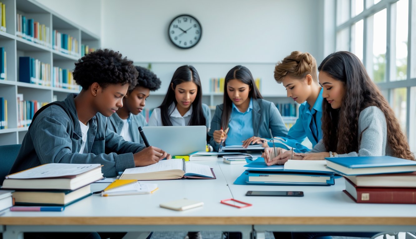 Beberapa siswa sedang belajar bersama di meja yang rapi dengan buku, laptop, dan agenda di ruangan terang.