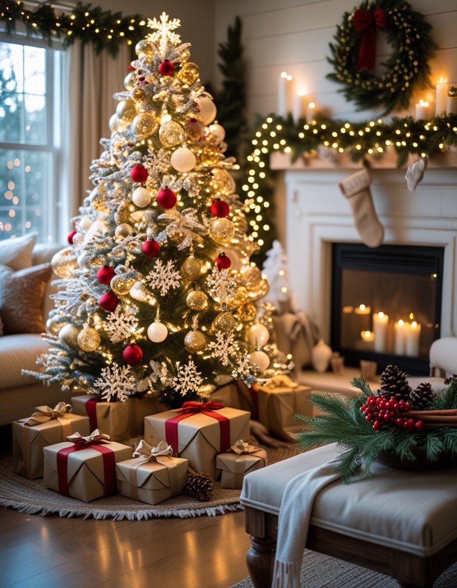 A decorated Christmas tree in a cozy living room with wrapped presents, candles, garlands, and festive ornaments creating a warm holiday scene.