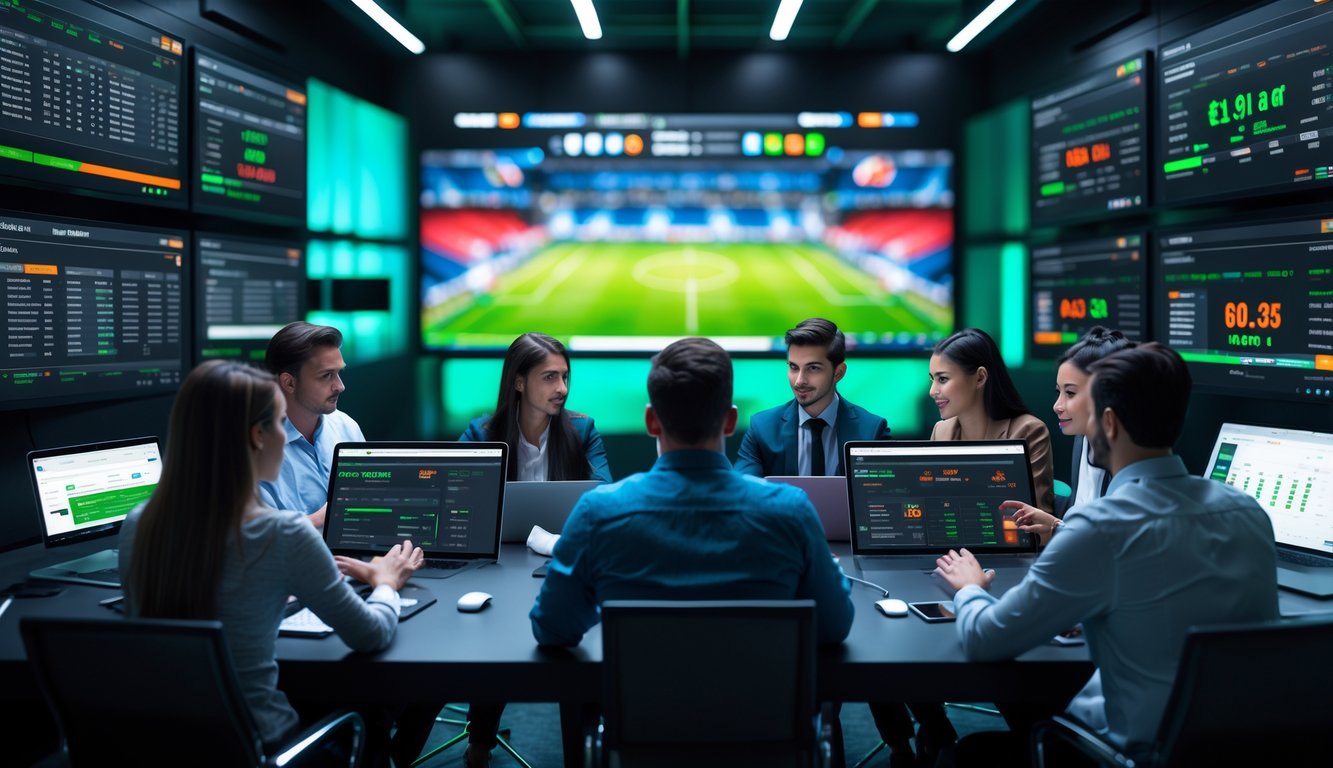 Beberapa orang muda sedang menggunakan komputer dan tablet untuk taruhan olahraga sepak bola di sebuah ruang kerja modern dengan layar besar menampilkan statistik dan peluang pertandingan.