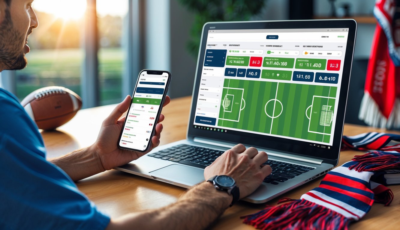 Seorang penggemar sepak bola muda sedang menggunakan laptop dan ponsel untuk bermain di situs judi bola online di sebuah ruangan dengan pencahayaan alami.