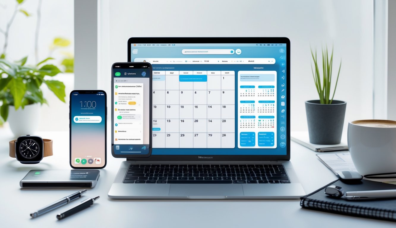 Meja kerja modern dengan laptop yang menampilkan aplikasi manajemen waktu digital, ponsel, jam tangan pintar, buku catatan, dan secangkir kopi.