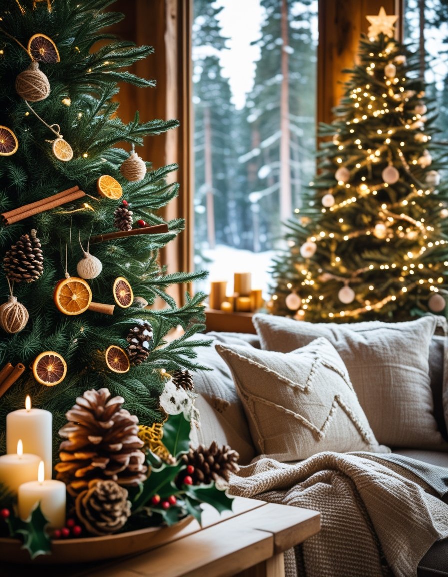 A cozy living room decorated for Christmas with a tree adorned with pinecones and dried orange slices, a wooden table centerpiece of evergreen branches and candles, and a snowy forest visible through the window.