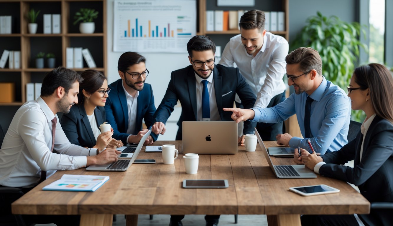 Sekelompok profesional bekerja sama di kantor modern dengan laptop dan catatan, fokus menyelesaikan pekerjaan secara efisien.