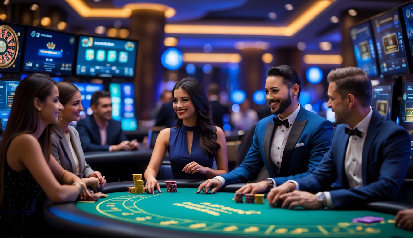 Suasana kasino online langsung dengan pemain dan dealer profesional di meja permainan yang modern dan mewah.