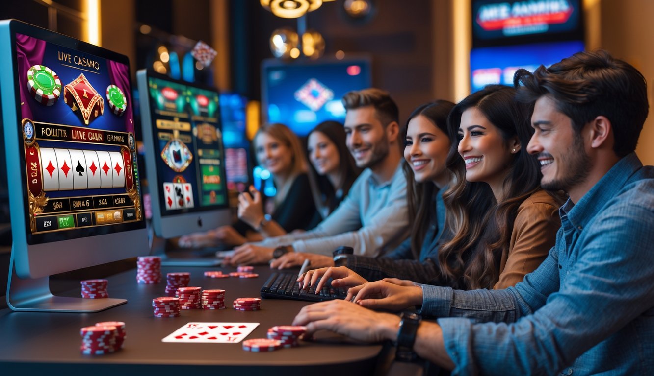 Beberapa orang muda sedang bermain permainan kasino online di depan komputer dengan layar yang menampilkan permainan kasino langsung.