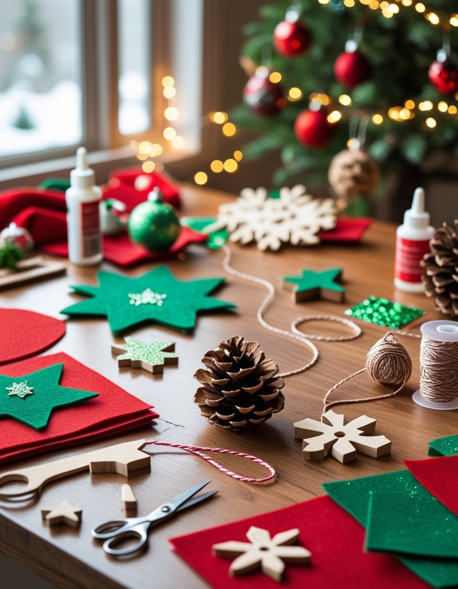 A table with various craft supplies and partially made Christmas ornaments in a bright room with holiday decorations.