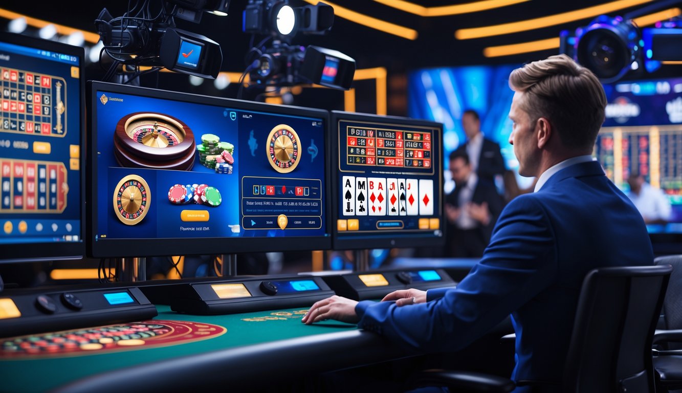 Seorang dealer profesional di studio kasino online dengan beberapa monitor menampilkan permainan kasino langsung dan peralatan streaming canggih di latar belakang.