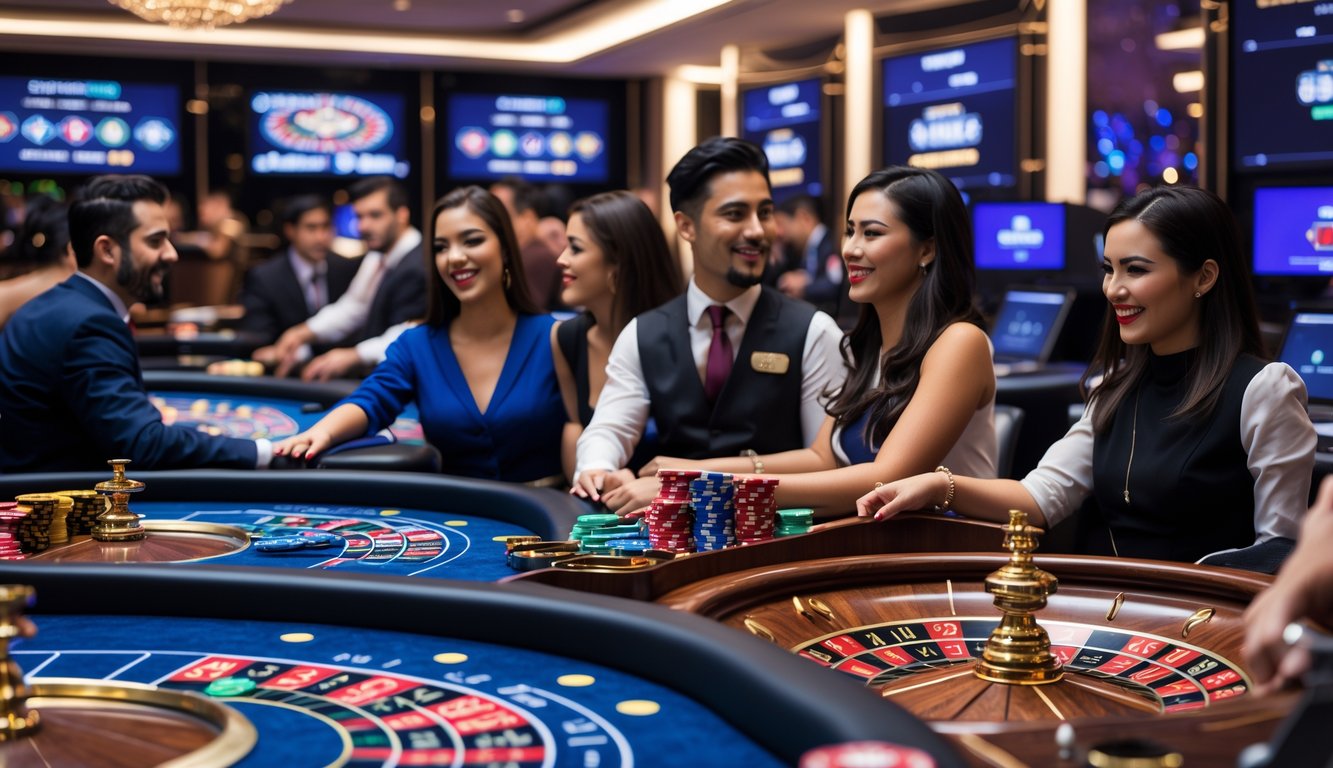 Beberapa orang bermain di meja kasino online dengan suasana yang ramai dan menyenangkan.