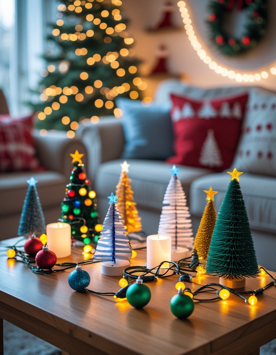 A table with various handmade Christmas decorations and colorful string lights in a cozy indoor setting.