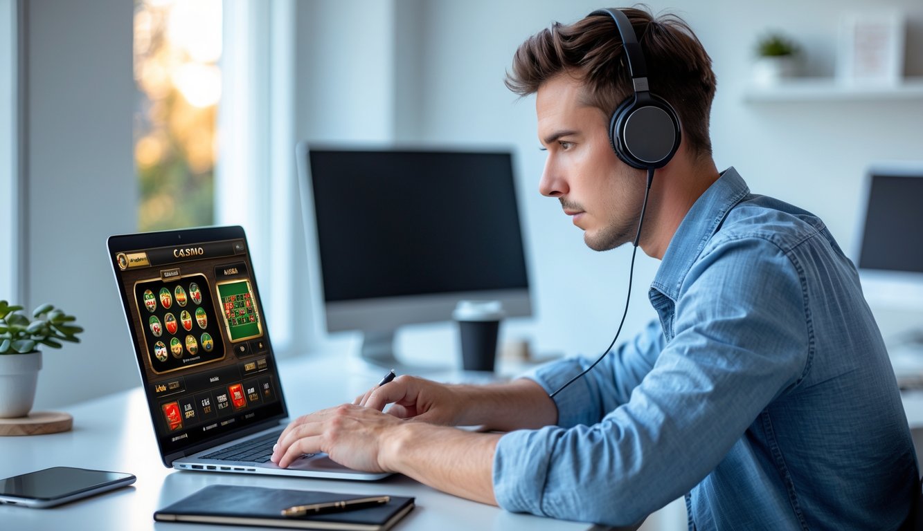 Seorang pria muda fokus bermain kasino langsung online di laptop di ruang kerja rumah yang rapi dengan cahaya alami.