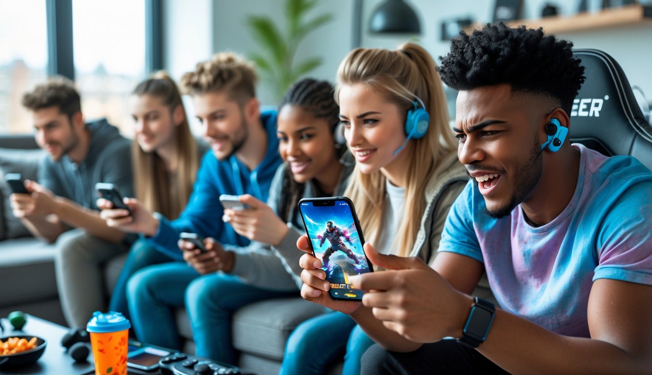 Sekelompok orang muda bermain game di ponsel mereka dengan ekspresi serius dan antusias di ruang tamu modern.