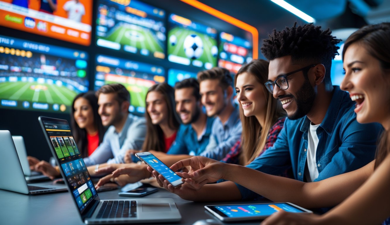 Sekelompok orang muda menggunakan perangkat digital untuk taruhan olahraga online dengan latar layar menampilkan berbagai pertandingan olahraga.