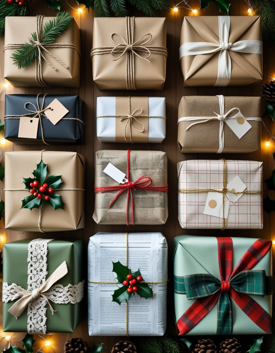 Ten beautifully wrapped Christmas gifts arranged on a wooden surface with festive decorations in the background.