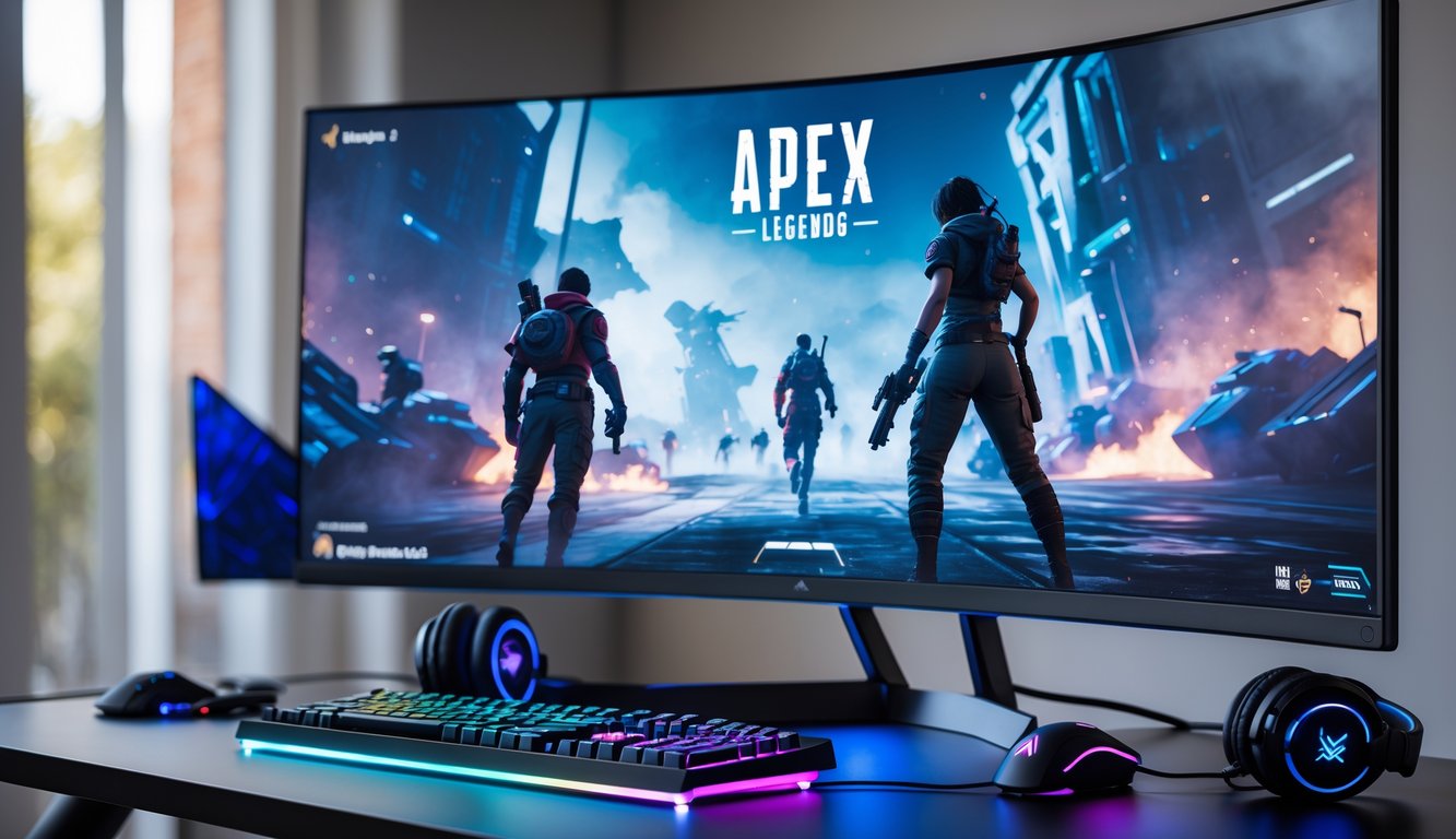 Sebuah meja gaming dengan monitor besar menampilkan permainan Apex Legends, dikelilingi oleh keyboard, mouse, dan headphone gaming dengan pencahayaan warna-warni.