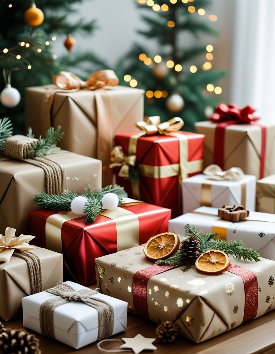 A collection of ten beautifully wrapped Christmas gifts arranged on a wooden table with festive decorations in the background.