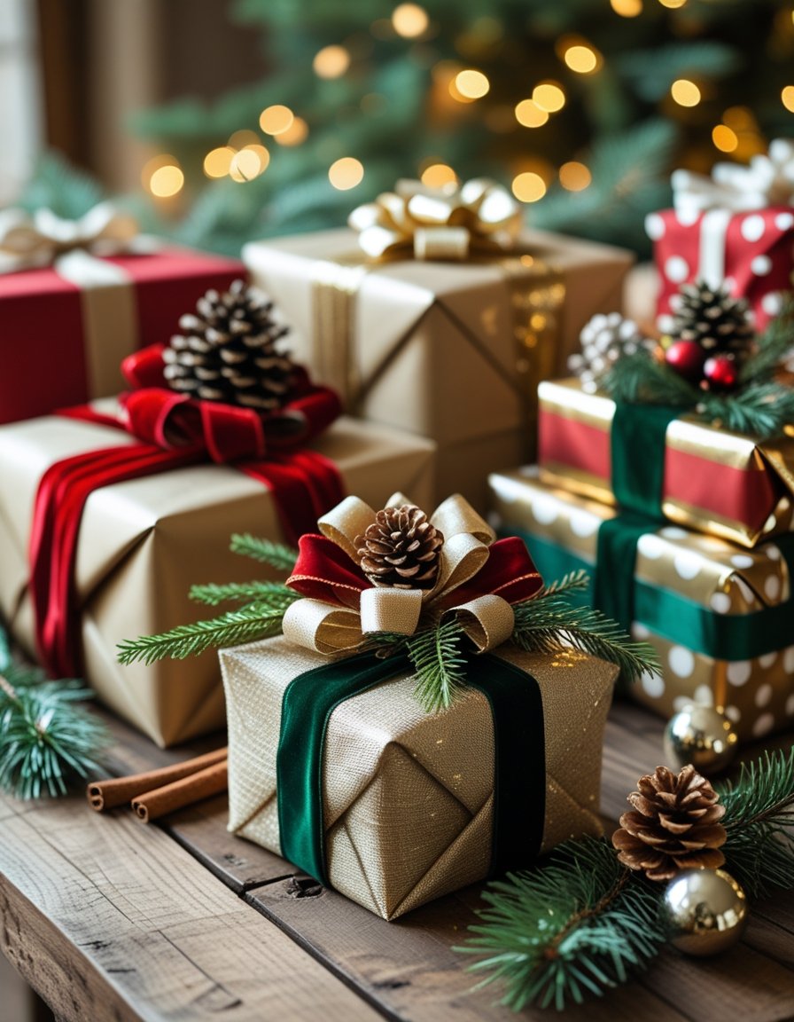 Ten Christmas gifts wrapped with ribbons and natural embellishments arranged on a wooden table with holiday decorations in the background.