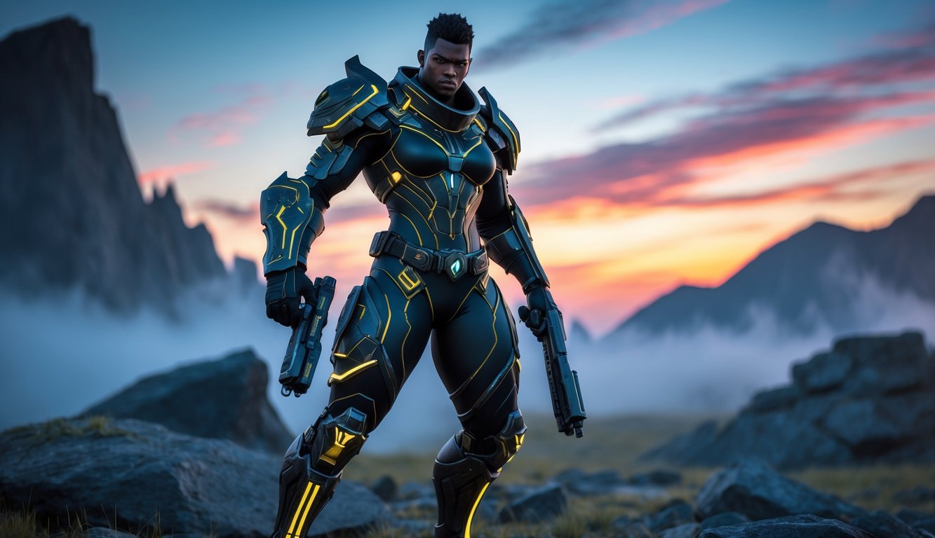 Seorang karakter kuat berdiri di medan pertempuran berbatu dengan latar belakang pegunungan berkabut dan langit matahari terbenam yang berwarna cerah.