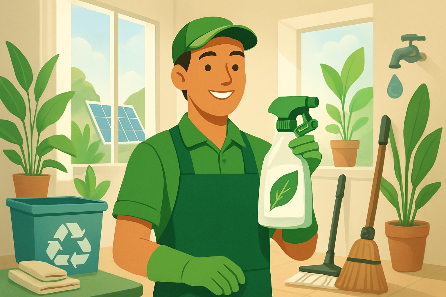 A cleaning professional in a green uniform using eco-friendly cleaning products in a bright room with plants and recycling bins.
