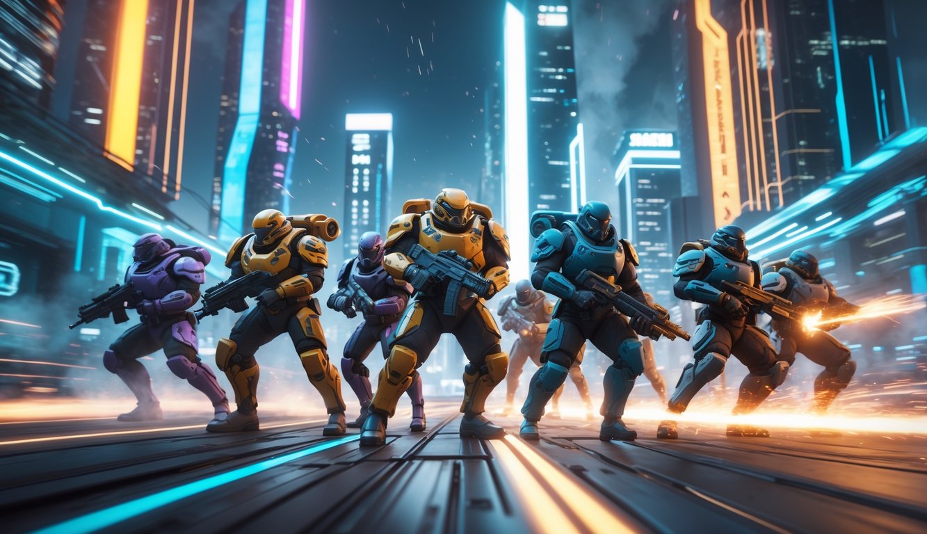 Sekelompok karakter bertempur di kota futuristik dengan latar gedung pencakar langit dan lampu neon.