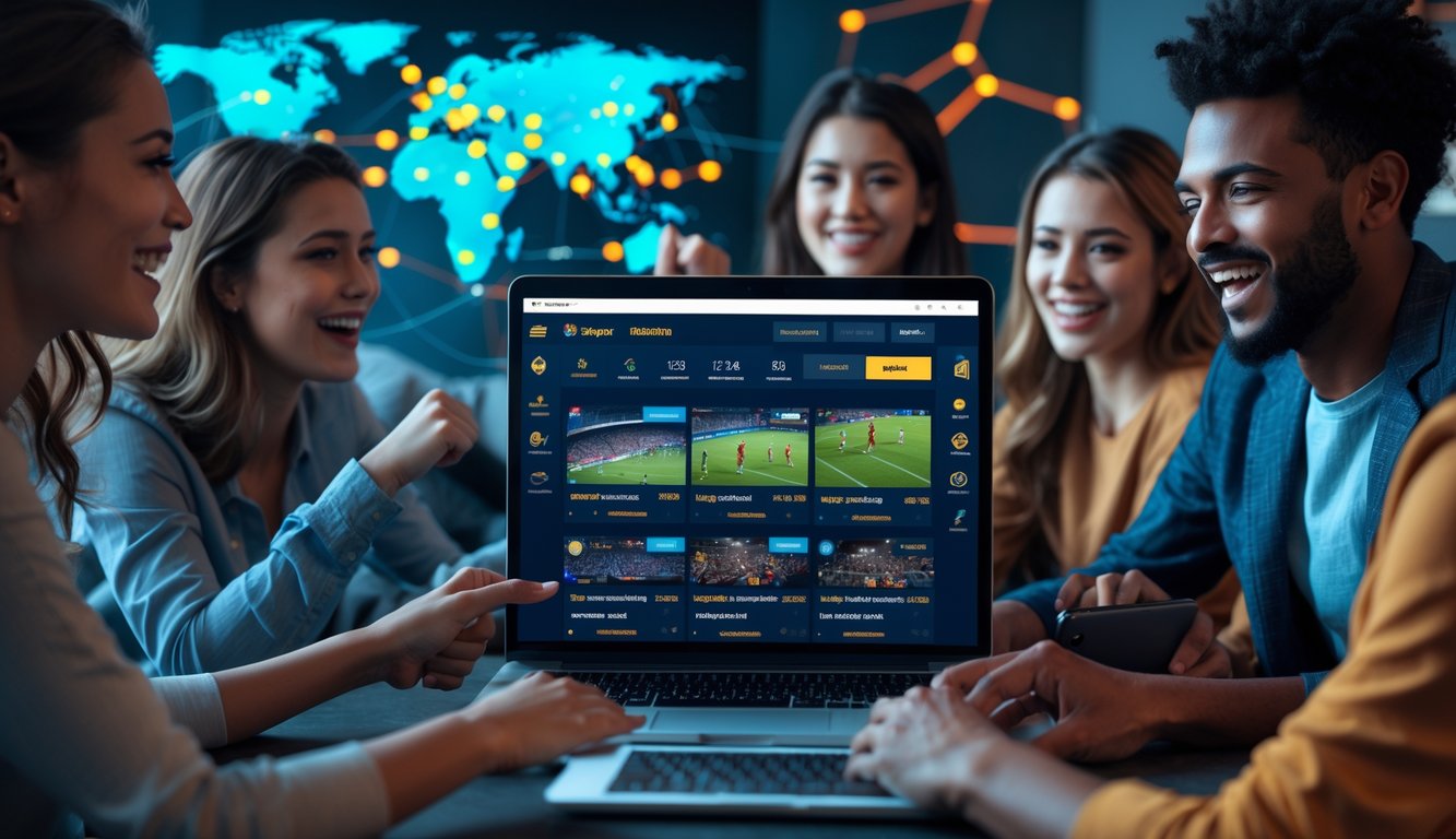 Orang-orang muda menggunakan laptop dan ponsel untuk taruhan olahraga online dengan latar belakang peta dunia dan pertandingan olahraga yang sedang berlangsung.