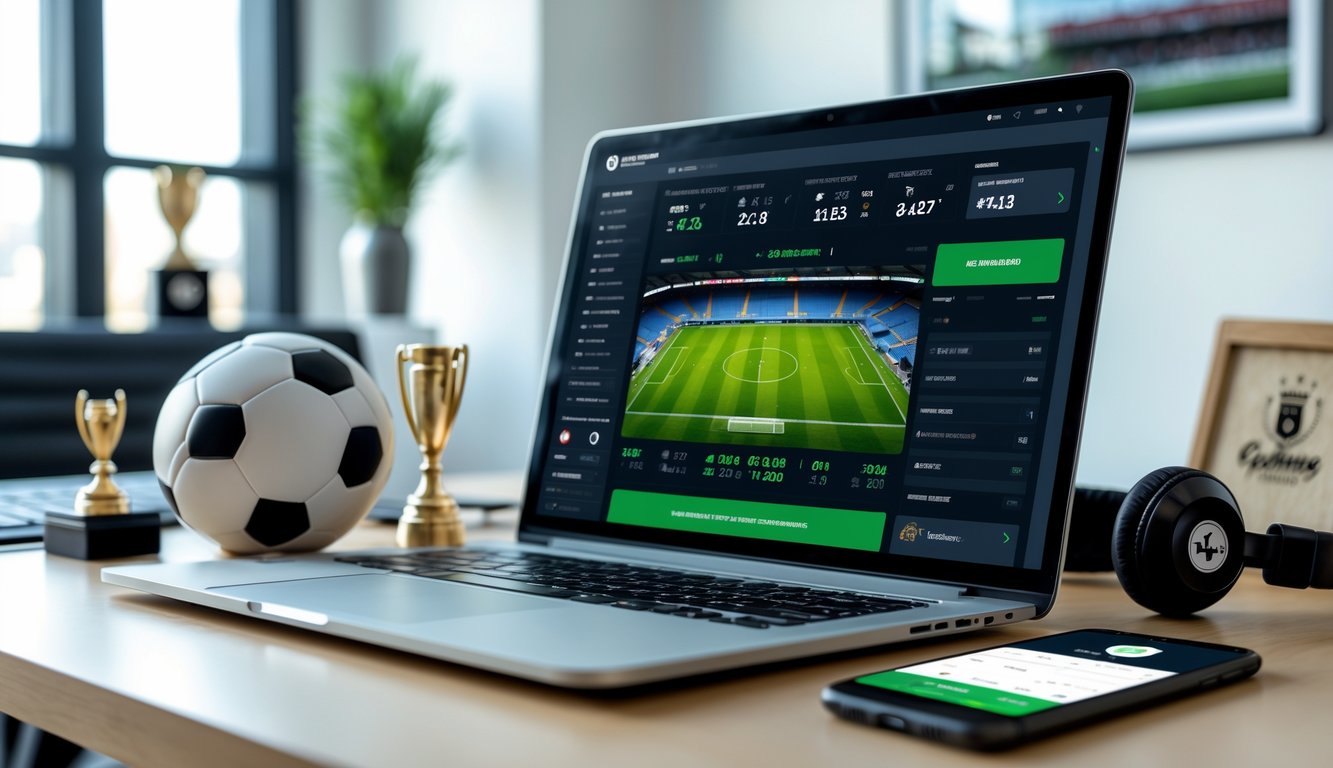 Seorang pengguna bekerja dengan laptop yang menampilkan situs taruhan sepak bola online, dikelilingi bola sepak, headphone, dan ponsel di meja kerja.