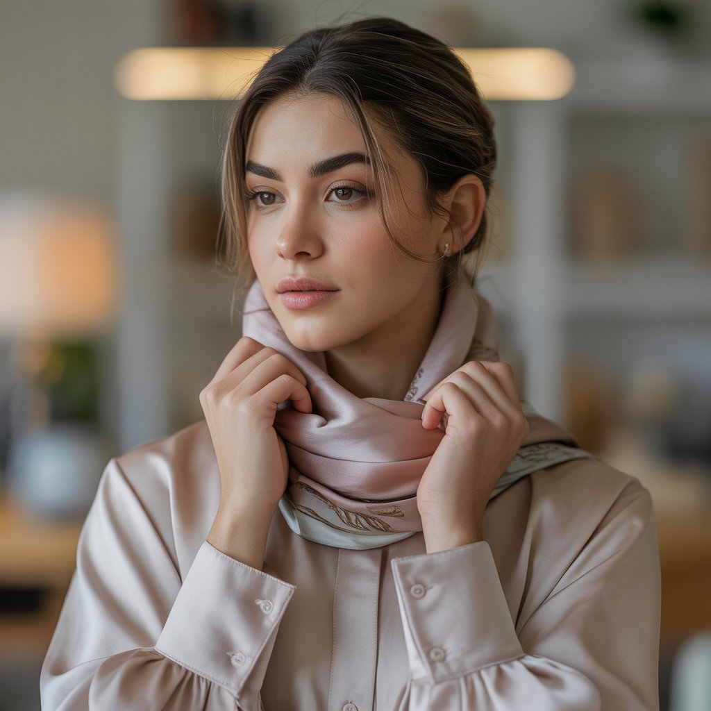 A young woman indoors covering her neck and chest with a scarf and high-collared blouse, looking thoughtful.