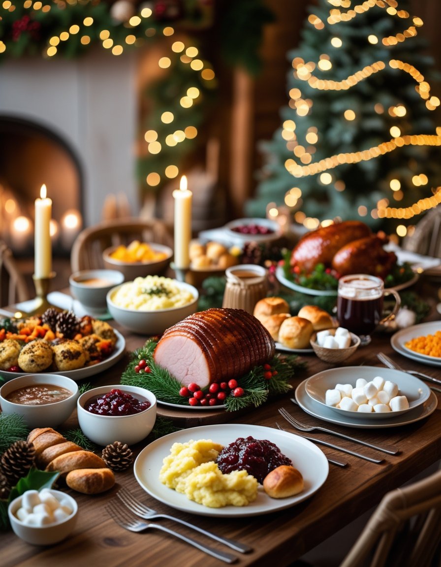 A Christmas dining table set with festive dishes, candles, and seasonal decorations including pinecones and evergreen sprigs.